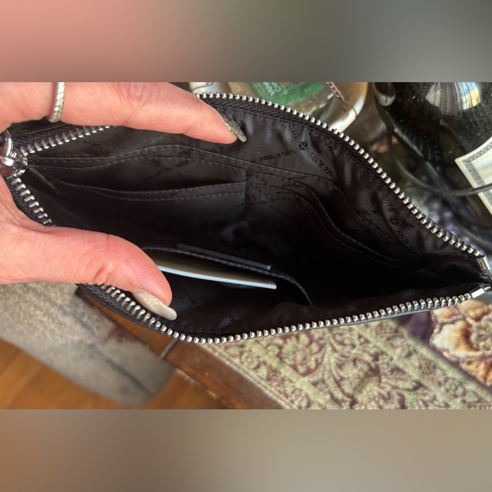 Authentic Michael Kors Black /Silver Studded leather zip top Clutch/Wristlet - Picture 7 of 9